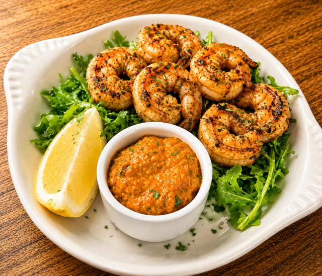 Fire- Grilled Prawns with Romesco.