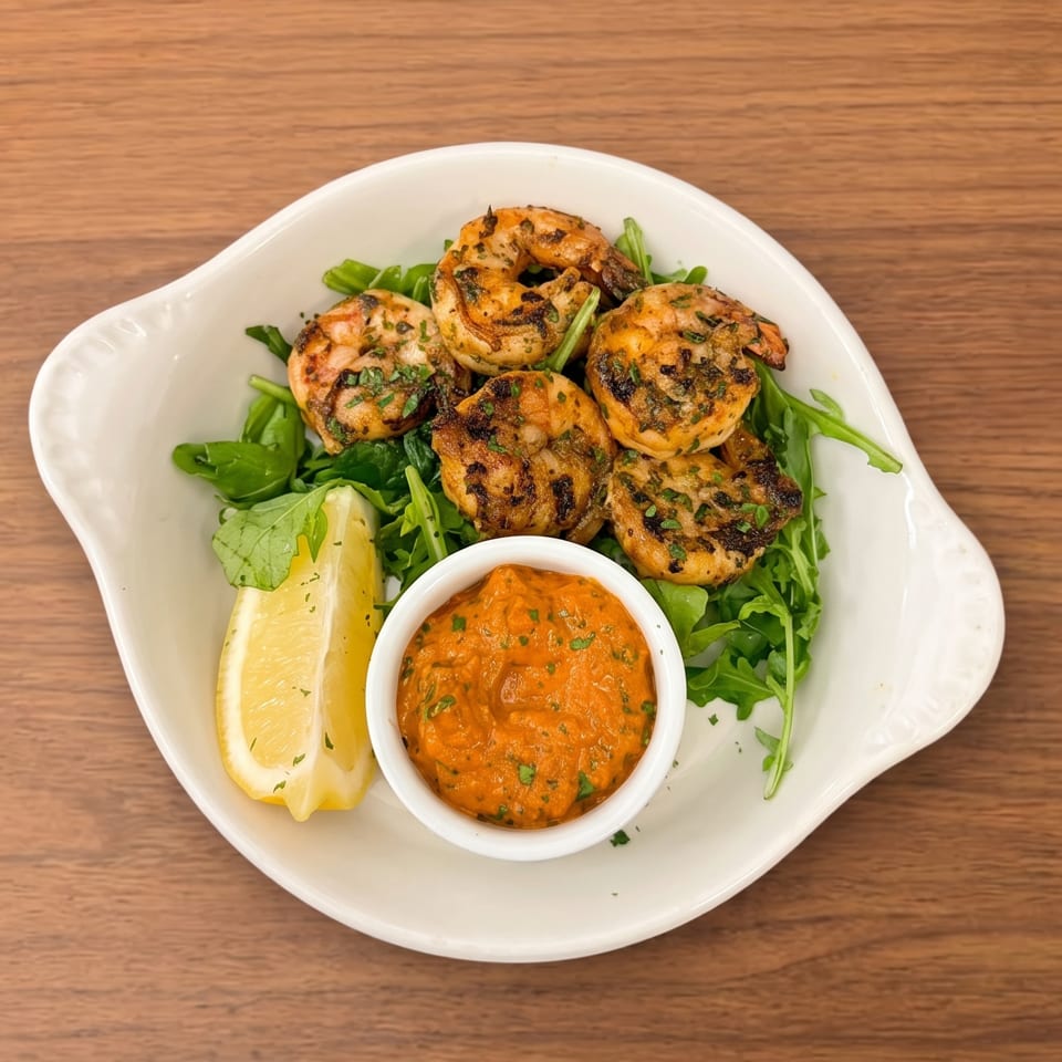 Grilled shrimp on a bed of arugula with a lemon wedge and a side of red sauce.