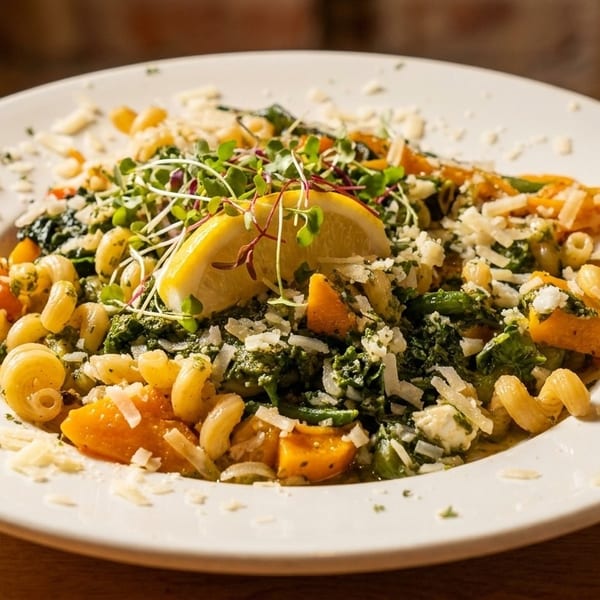 Pasta dish with pesto, butternut squash, microgreens, parmesan, and a lemon slice on a white plate.