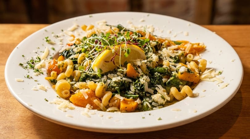 Pasta dish with pesto, butternut squash, microgreens, parmesan, and a lemon slice on a white plate.