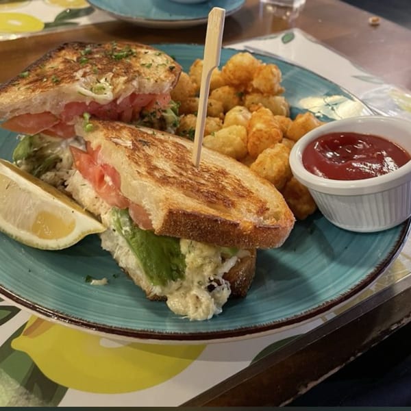 Grilled sandwich with tomato, avocado, and creamy filling, served with tater tots, ketchup, and a lemon wedge.