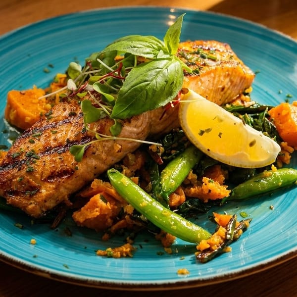 Grilled salmon with sweet potatoes, green beans, and a lemon wedge on a blue plate.