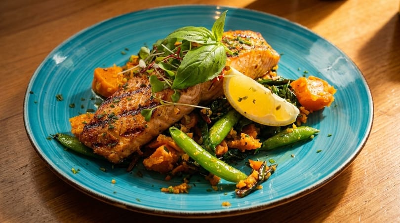 Grilled salmon with sweet potatoes, green beans, and a lemon wedge on a blue plate.
