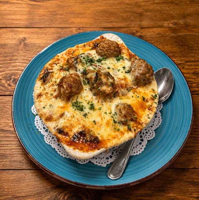 Polenta Bake with Organic Chicken Meatballs.