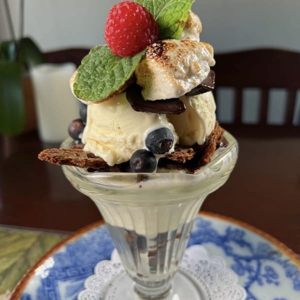 Glass dessert with vanilla ice cream, blueberries, chocolate, toasted marshmallows, mint, and a raspberry.