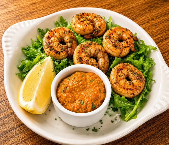 Fire- Grilled Prawns with Romesco.