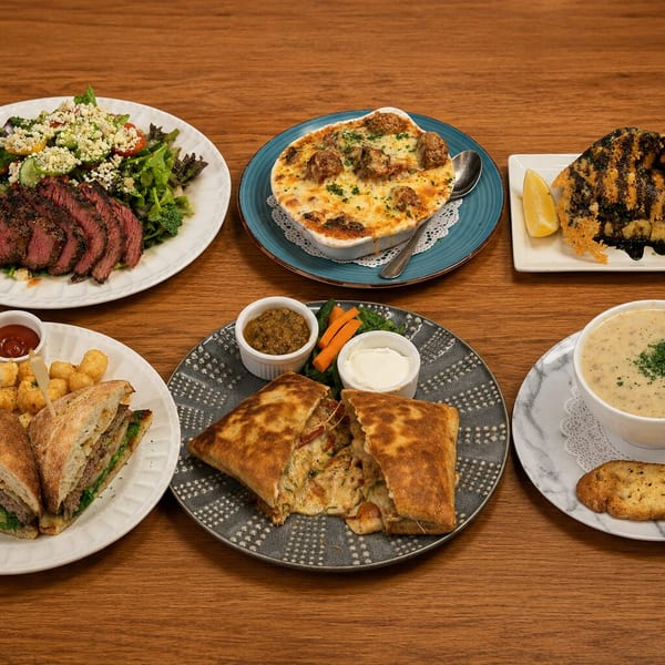Six diverse dishes, including steak salad, baked meatballs, grilled polenta, sandwich, quesadilla, and soup.